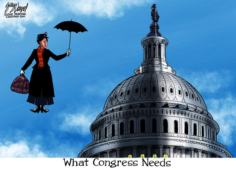 Mary Poppins descending on Capitol with umbrella.