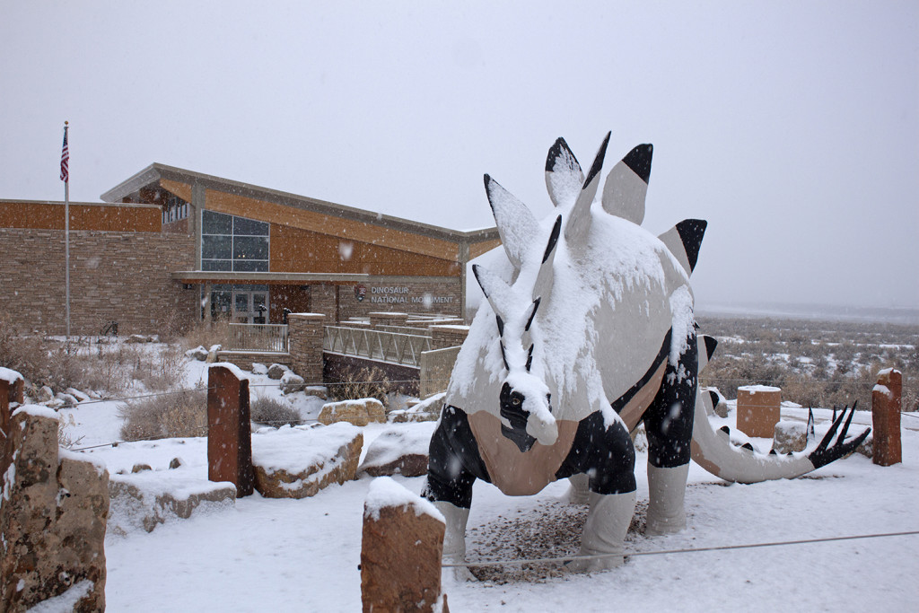 stegosaurus statue with snow on it