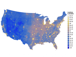 Map of U.S. with quiet to loud mapping