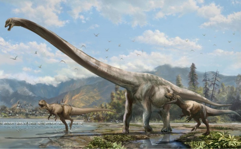 Drawing of long-necked dinosaur by a river